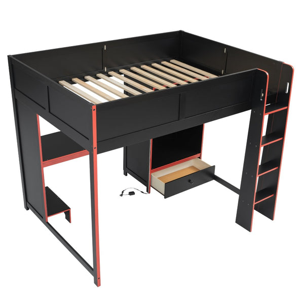 English Elm Wood Full Size Gaming Loft Bed With Desk, Wardrobe, Led Lighting, And Storage Drawer, Black Finish N7090004011B-GIGA