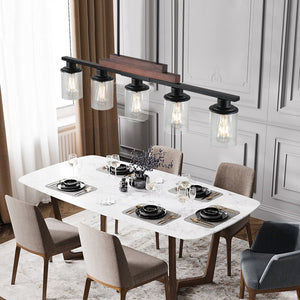 English Elm 37" Farmhouse Industrial 5-Light Pendant Light Walnut Black Metal Wood Chandelier with Clear Glass Shades, Adjustable Height for Kitchen Island Dining Room Living Room W2312P368680