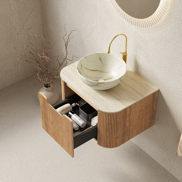 English Elm Dina Floating Bathroom Vanity with Sintered Stone Top and Crystal Glass Basin Beige,Natural Wood,Stone White W2615S00697