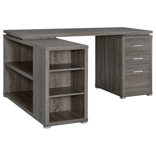 English Elm Tona Weathered Grey L-Shape Desk with 3 Drawers & 5 Shelves, Rustic Distressed Finish for Compact Offices B062P333441