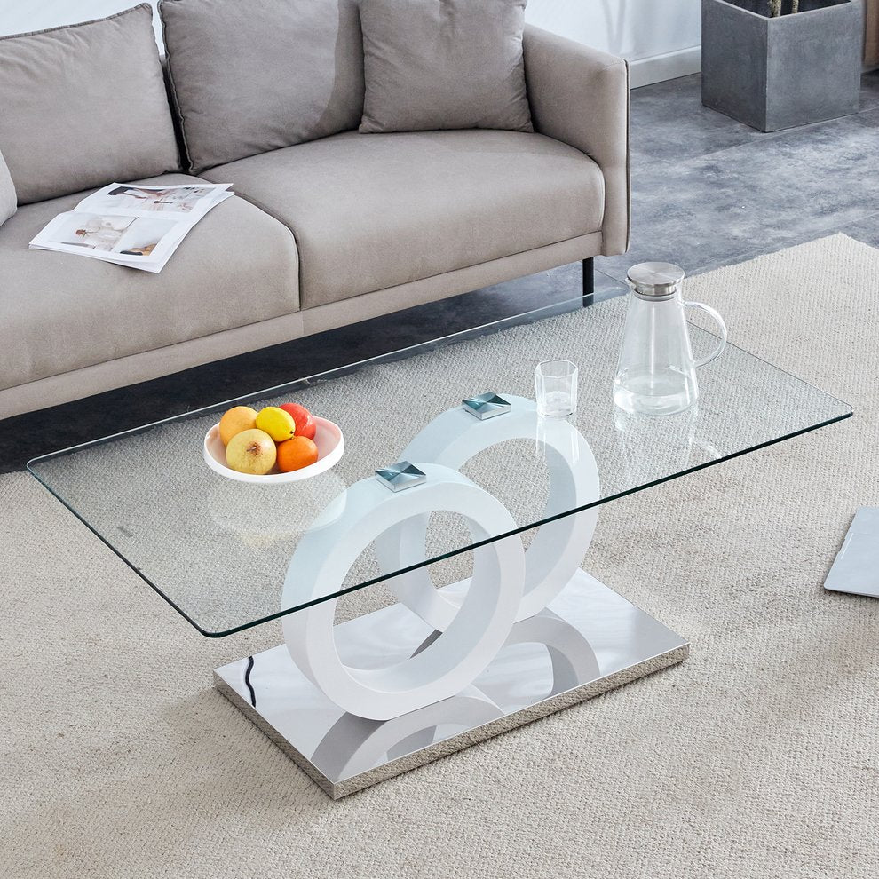 English Elm Contemporary Glass Top Coffee Table with Dual Circle White Mdf Base for Living Room W3875P397147