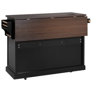 English Elm K&K 54.9" Farmhouse Kitchen Island Cart with Drop Leaf, Charging Station, Barn Doors & Glass Pane Black N707P300277B