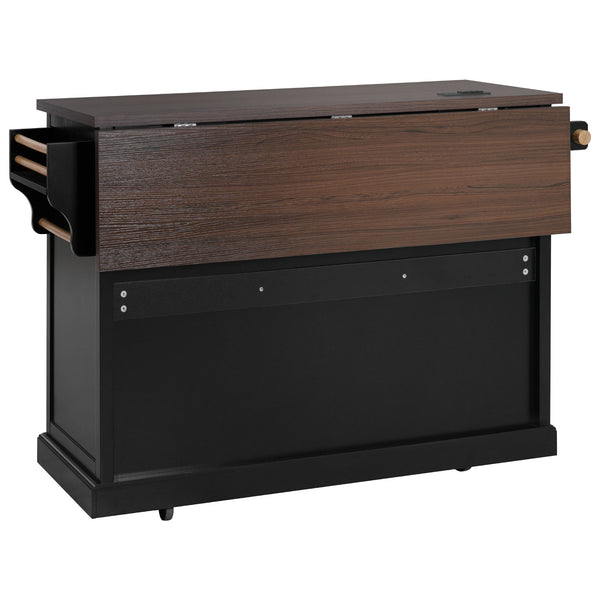 English Elm K&K 54.9" Farmhouse Kitchen Island Cart with Drop Leaf, Charging Station, Barn Doors & Glass Pane Black N707P300277B