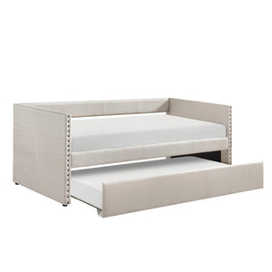 English Elm Modern Upholstered Daybed with Pull Out Trundle Nailhead Trim and Side Storage Pockets Beige B011P419489