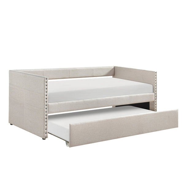 English Elm Modern Upholstered Daybed with Pull Out Trundle Nailhead Trim and Side Storage Pockets Beige B011P419489