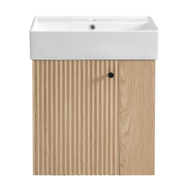 English Elm 21.6 inch Modern Floating Bathroom Vanity with Ceramic Basin, Wave Door, Rose Gold Handle Wood N729P170388D