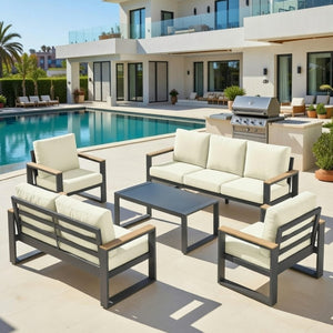 English Elm All-weather 5 Piece Aluminum Patio Conversation Set 7 Seat with Tempered Glass Table Beige+Grey B082S00115