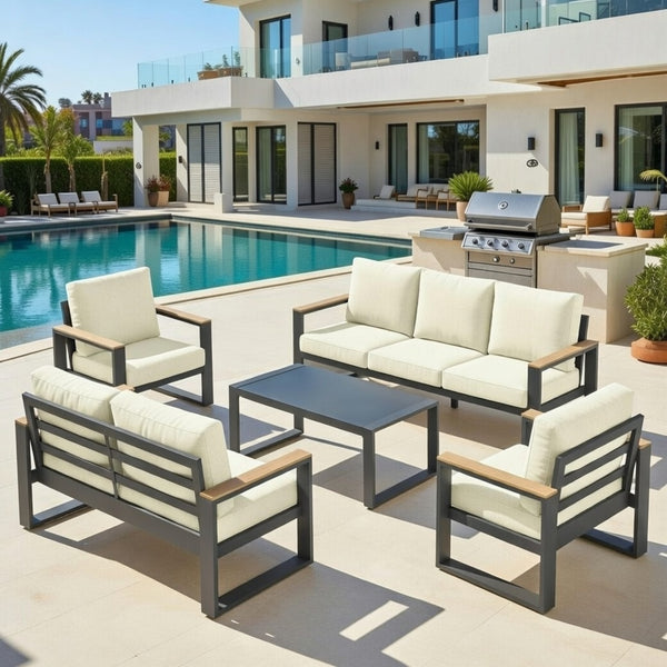 English Elm All-weather 5 Piece Aluminum Patio Conversation Set 7 Seat with Tempered Glass Table Beige+Grey B082S00115
