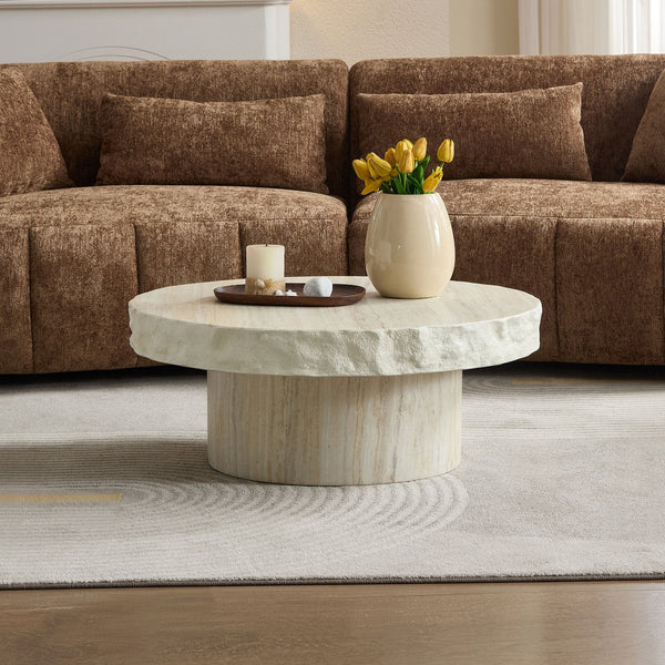 English Elm 31.69 Inch Round Fiberglass Coffee Table Sculptural Stone Finish for Modern Living Room W876P450501