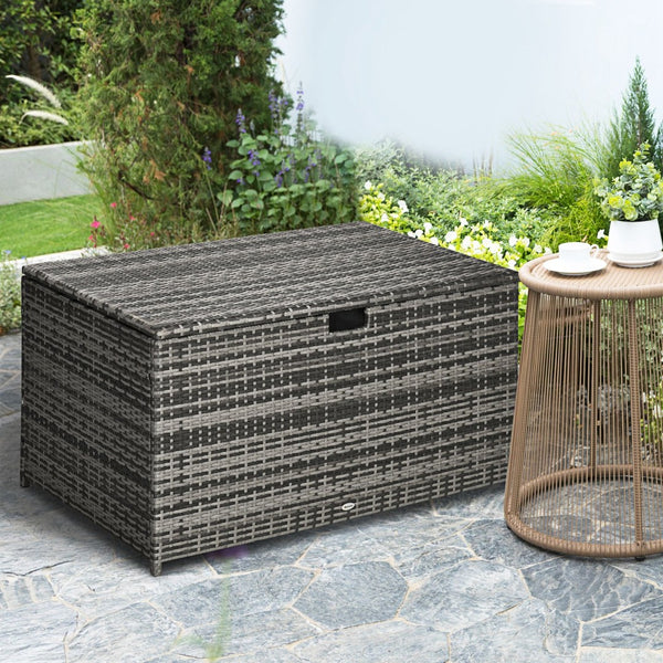 English Elm Outsunny 113 Gallon Waterproof Rattan Deck Box For Outdoor Storage, Cushions, Tools & More! W2225P217537-GIGA