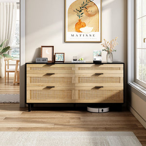 English Elm 59" Rattan Dresser with 6 Spacious Drawers, Stylish Woven Texture, Metal Handles & Wood Legs for Bedroom Black W757P209512
