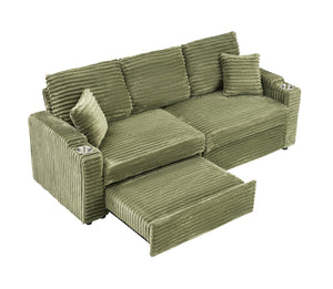 English Elm 80-inch Corduroy Folding Sofa Bed with Hidden Recline, Cup Holder & Pillows, Solid Wood Frame, 500lb Green W3356S00006