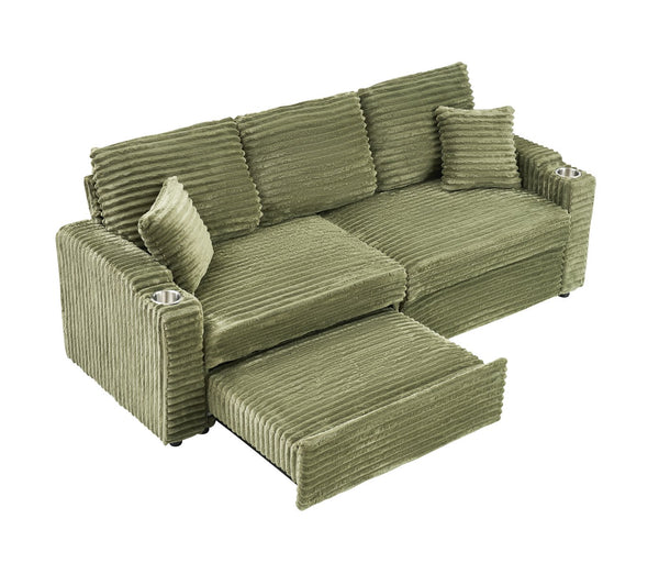 English Elm 80-inch Corduroy Folding Sofa Bed with Hidden Recline, Cup Holder & Pillows, Solid Wood Frame, 500lb Green W3356S00006