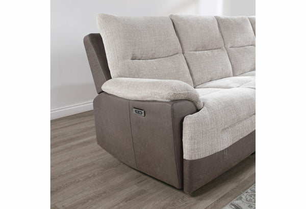 English Elm KIA Beige/Brown Sectional Sofa with Power Recline, USB Charging, Storage Chaise, Two-Tone Fabric Finish B201S00123