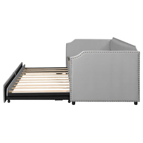 English Elm Twin Velvet Upholstered Daybed with Pop up Trundle for Guest or Kids Rooms Gray SF000197AAE