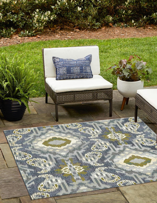 Unique Loom Outdoor Modern Union Machine Made Geometric Rug Blue, Navy Blue/Ivory/Gray/Green 5' 4" x 6' 1"