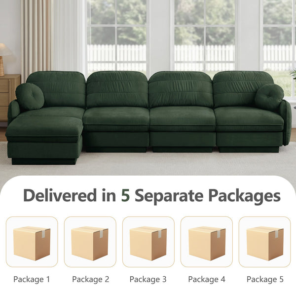 English Elm 137" Oversized Chenille Sectional Sofa with Movable Ottoman and Quilted Cushions Green W714S01772