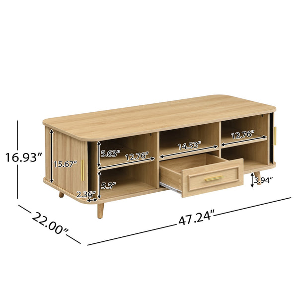 English Elm Modern Mid-century Coffee Table Tambour Doors Open Shelves Warm Wood Living Room Natural N770P333551N