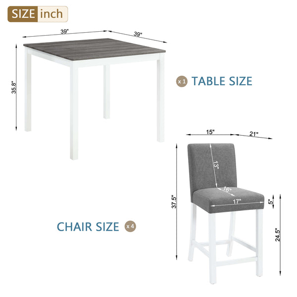 English Elm 5-piece Counter Height Dining Set Rubberwood Upholstered Chairs Grey White Kitchen W1998P418931