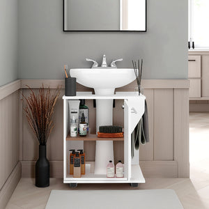 English Elm Under Sink Storage Cabinet with 2 Doors and Shelves — Sleek Oak & Black Wengue Finish for Bathrooms White 25.98 L x 27.17 W x 4.72 H B097P395903