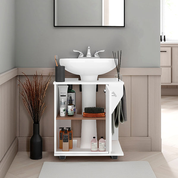 English Elm Under Sink Storage Cabinet with 2 Doors and Shelves — Sleek Oak & Black Wengue Finish for Bathrooms White 25.98 L x 27.17 W x 4.72 H B097P395903