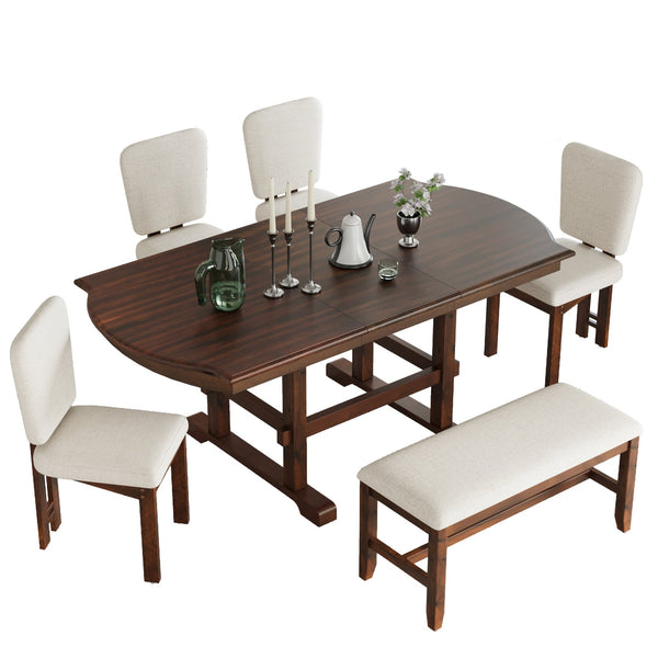 English Elm Topmax Extendable Rubberwood Dining Set Trestle Table Bench Four Upholstered Chairs N717S000090P