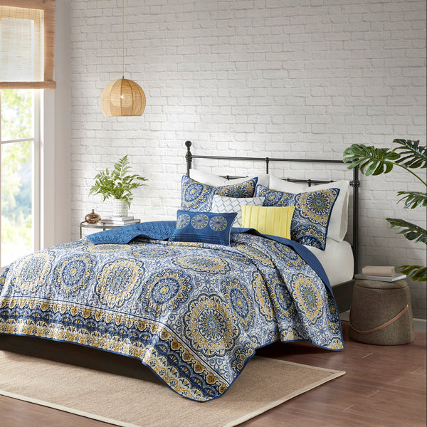 English Elm 6 Piece Tangiers Reversible Quilt Set King/Cal King Blue Yellow Floral Medallion Embroidered Pillows B03597624