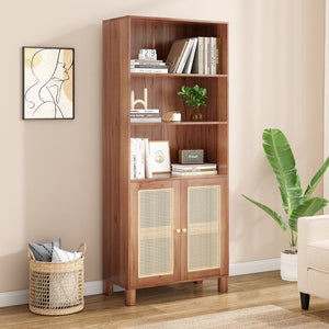 English Elm Tall Rattan Door Bookcase with 5 Shelves — Stylish Tall Storage Shelf for Living Room Office LibraryBedroom Natural T3623P379909