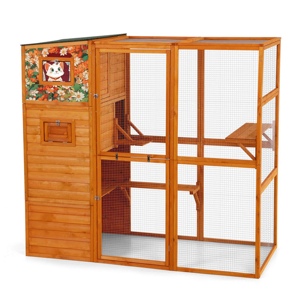 English Elm 70" Outdoor Cat Catio Spruce Wood Weatherproof Enclosure with 4 Tiers and Mesh Run W2181P356201