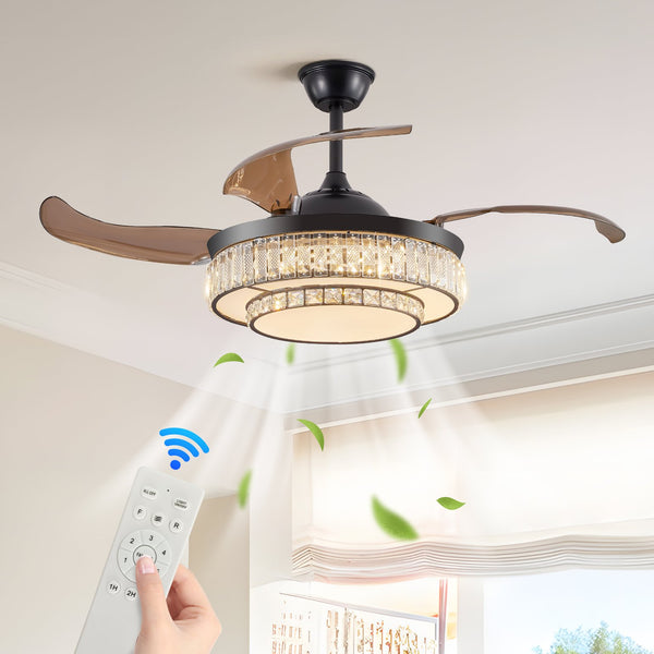 English Elm 48" Contemporary Crystal LED Retractable Ceiling Fan with Remote, 6-Speed Quiet DC Motor, Timer W1340P184909