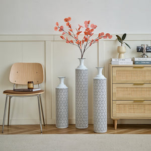 English Elm Floor Metal Vases Set of 3 White & Black Glazed Metal Cylinder Vases Tall Textured Gold Accent Decor W2796P278066