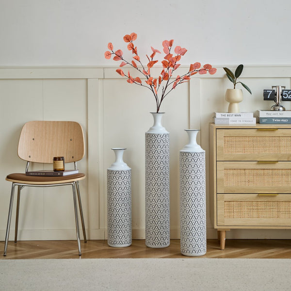 English Elm Floor Metal Vases Set of 3 White & Black Glazed Metal Cylinder Vases Tall Textured Gold Accent Decor W2796P278066