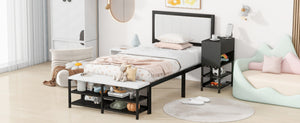 English Elm Twin Metal Platform Bed With Two-Tier Shelves & Wooden Cabinet - Stylish Storage Solution In Black N737P199330B-GIGA