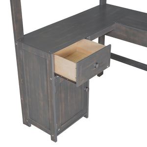 English Elm Twin Loft Bed with U-Shaped Desk, Drawers & Shelves — Antique Brown Twin Work-Study Space, 350lb Capacity GX001038AAD