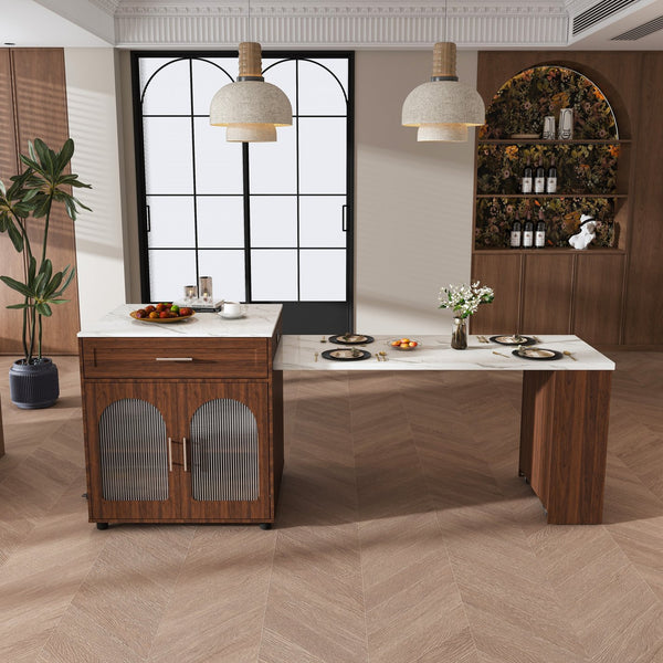 English Elm 80-inch Expandable Island Dining Set Walnut Marble Top Power Outlets 4 Wood Chairs W2700S00141