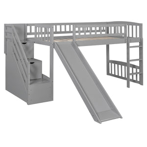 English Elm Stairway Twin Loft Bed with Storage Staircase Slide and Guardrails for Kids Gray LT000515AAE-1