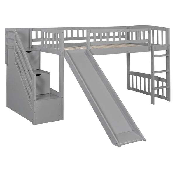 English Elm Stairway Twin Loft Bed with Storage Staircase Slide and Guardrails for Kids Gray LT000515AAE-1