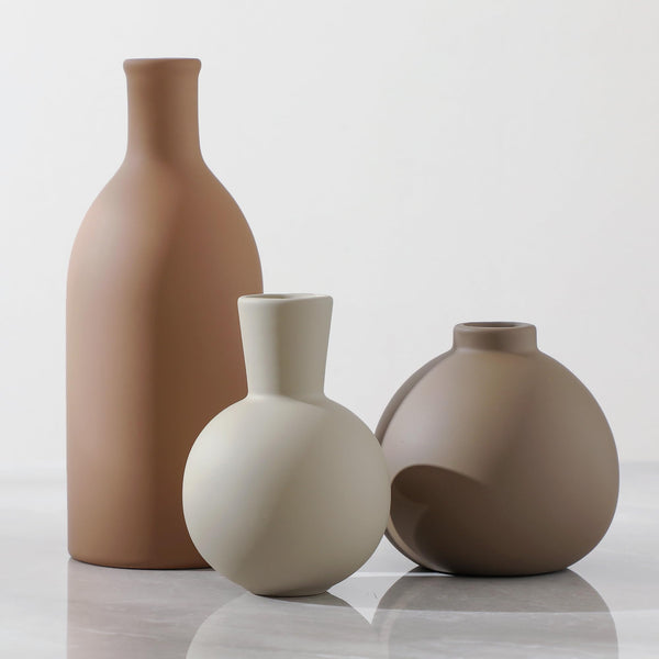 English Elm Rustic Matte Ceramic Vase Trio Neutral Tones Shelf Mantel Farmhouse Boho Decor Brown+Gray W2181P475132