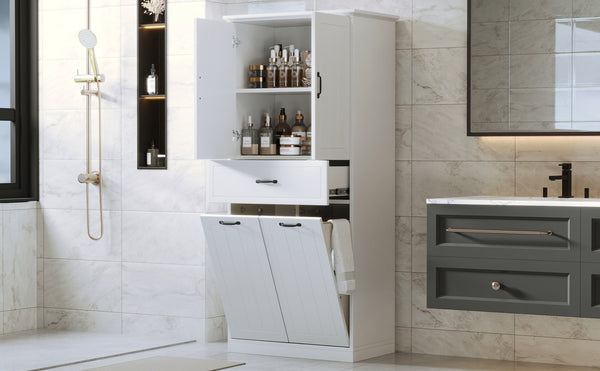 English Elm Christopher Knight Home® - Bathroom Storage Cabinet with Doors Drawer & Dual Laundry Baskets, MDF Build, Adjustable Shelf, Anti-Tip Device White N759P243350K