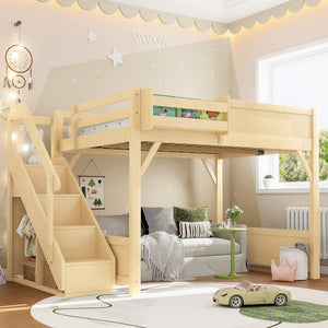 English Elm Twin Low Loft Bed Solid Pine Frame Kids Study Desk Blackboard Storage White Natural W1580S00549