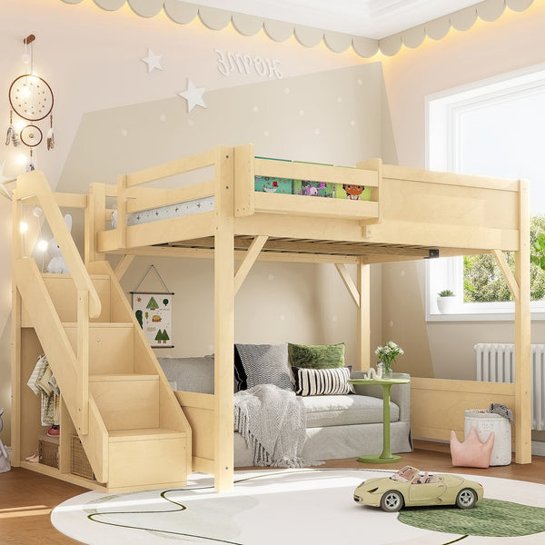 English Elm Twin Low Loft Bed Solid Pine Frame Kids Study Desk Blackboard Storage White Natural W1580S00549