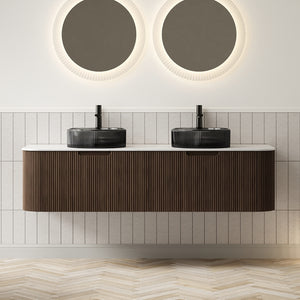 English Elm Dina 60 Inch Floating Bathroom Vanity Sintered Stone Top Dual Glass Basins Wood Grain Black,Carrara White,Walnut W2615S00244