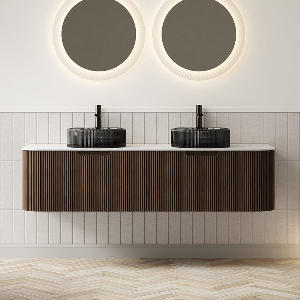 English Elm Dina 60 Inch Floating Bathroom Vanity Sintered Stone Top Dual Glass Basins Wood Grain Black,Carrara White,Walnut W2615S00244