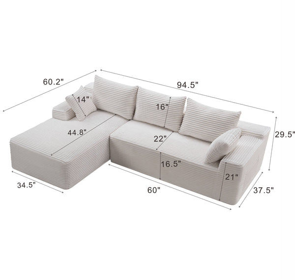 English Elm 94.5" Jumbo Corduroy Cloud Sectional Deep Seat L-shape Sofa for Living Room W5515P495014