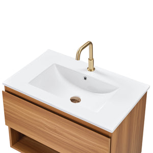 English Elm 24 Inch Floating Bathroom Vanity Fluted Walnut Cabinet with Ceramic Sink Modern W3520S00041