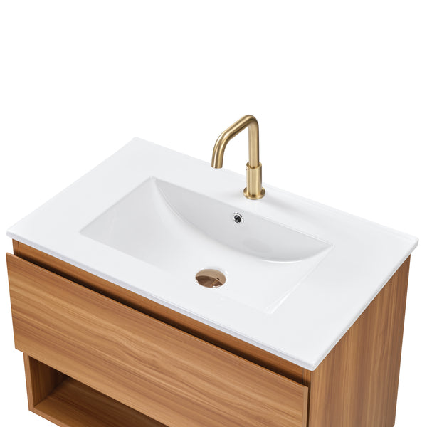 English Elm 24 Inch Floating Bathroom Vanity Fluted Walnut Cabinet with Ceramic Sink Modern W3520S00041