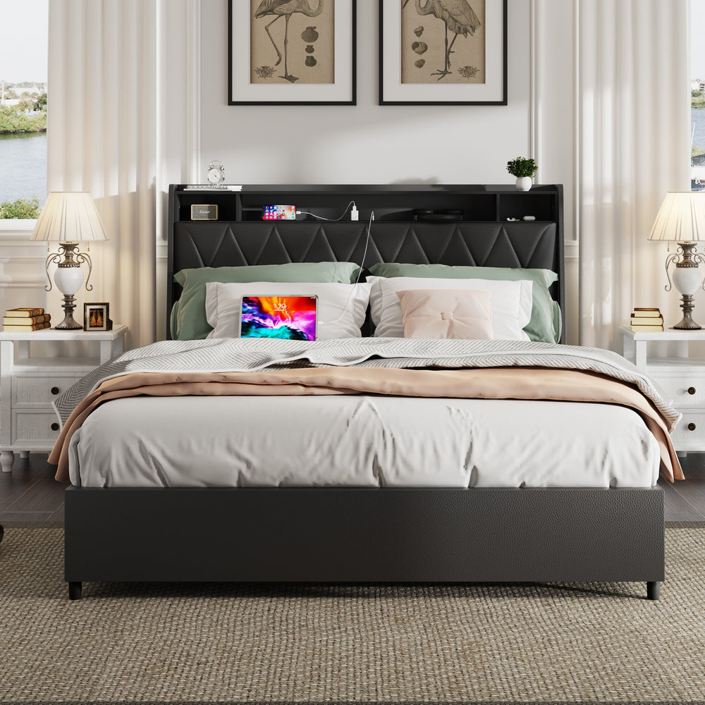 English Elm Queen Ergonomic Headboard Bed Frame with Built-In Charger & Outlets, Metal Platform with Shelf Black W3107P262752
