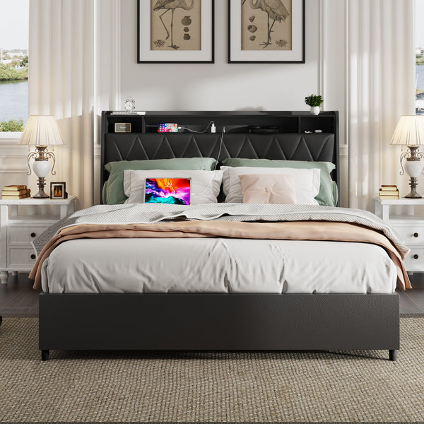 English Elm Queen Metal Platform Bed with Ergonomic Headboard Built-in Outlets and Storage Shelf W3107S00004