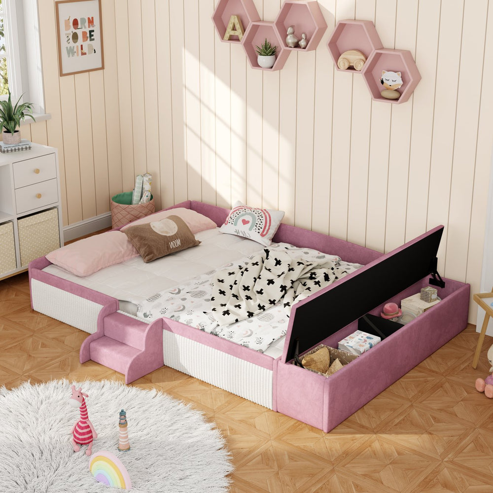 English Elm Queen Velvet Daybed with Built-in Stairs Gas Lift Storage and Padded Safety Rails Pink+White SF000203AAH