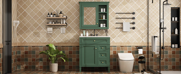 English Elm 30'' Bathroom Vanity Set With Mirror, Modern Freestanding Cabinet, Ceramic Sink & Ample Storage Space SW000127AAF-1